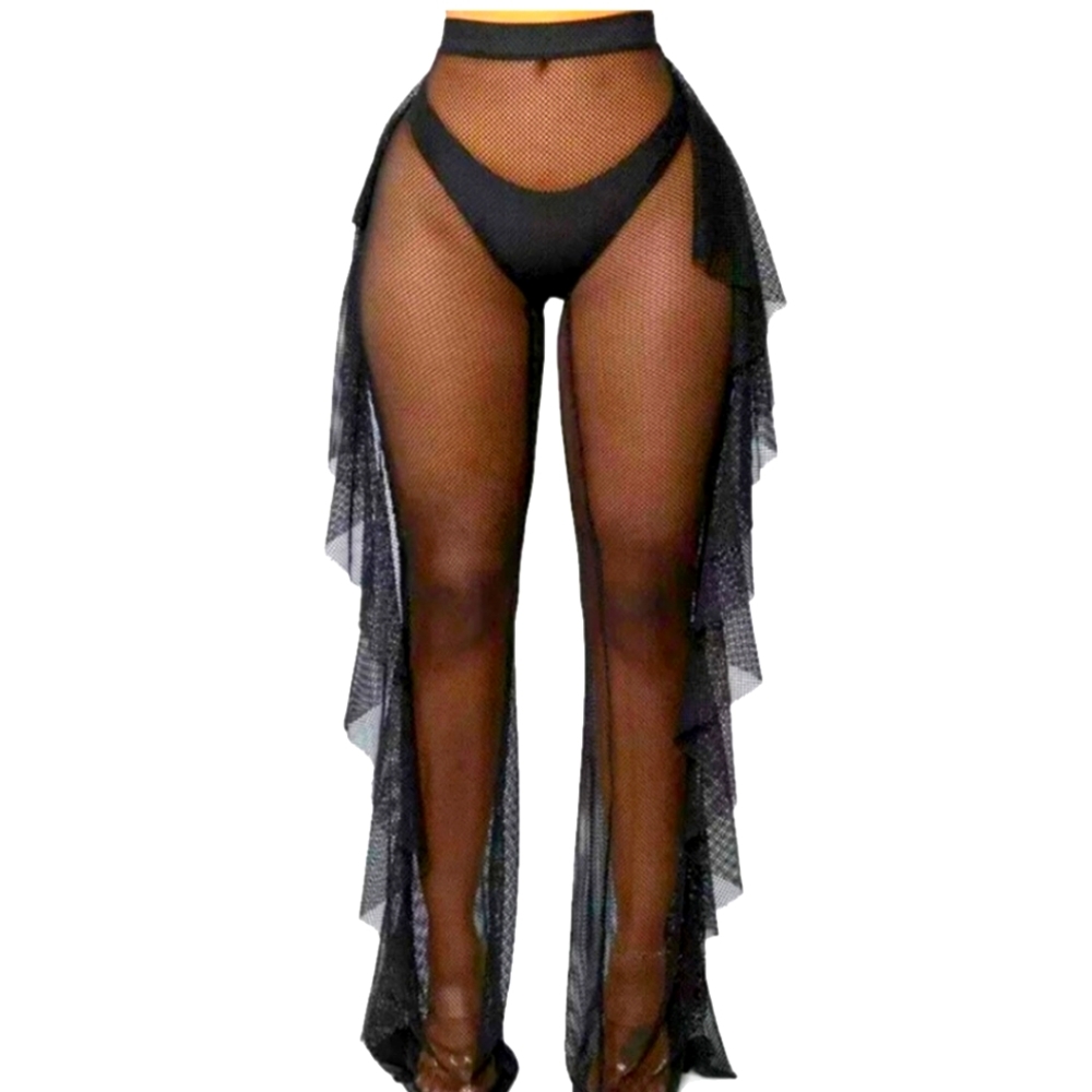 Fashion Nova sexy sheer ruffle black pant leggings Sz small